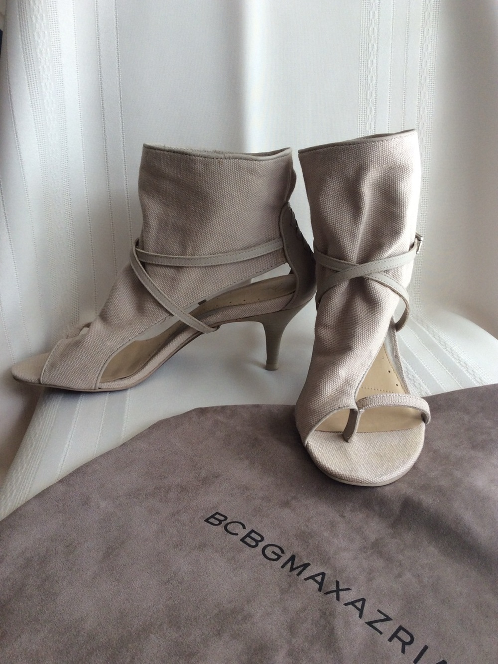 Max AzriaTaupe Open-Toe Wrap Ankle Booties
